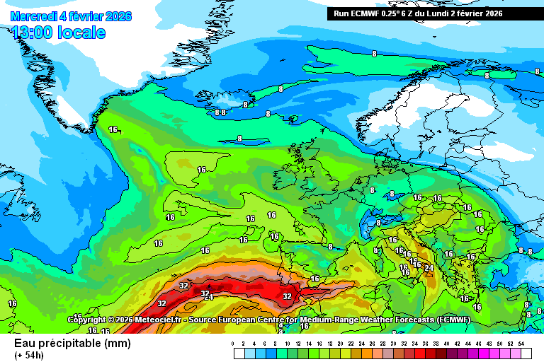 Imagen de la lengua de humedad impactando directamente sobre Andalucía para este miércoles, según el modelo europeo de predicciones.