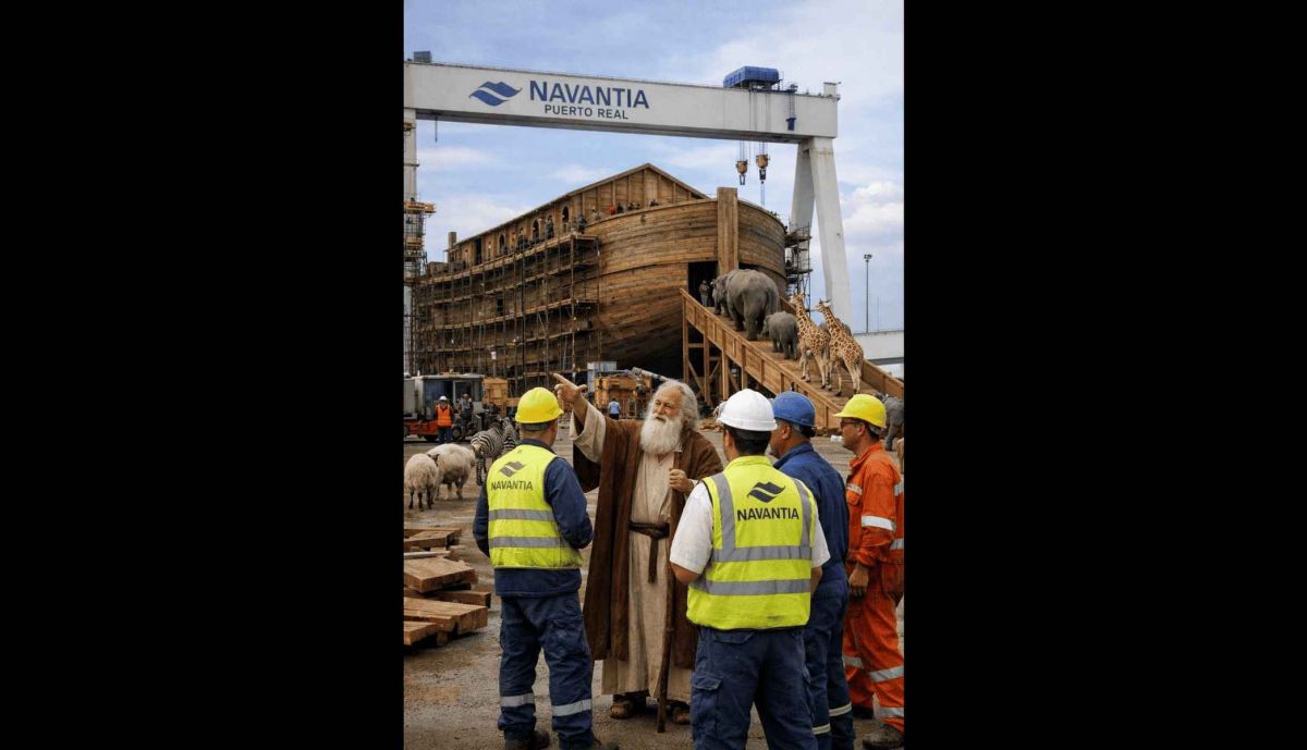 Otro de los memes sobre el temporal, con Noé hablando con trabajadores de Navantia.