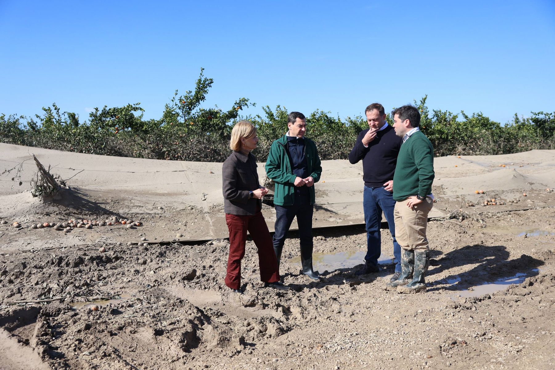 Juanma Moreno, en Jerez, con la alcaldesa, María José García-Pelayo, y el comisario europeo de Agricultura, Christophe Hansen, en una visita a una finca afectada.