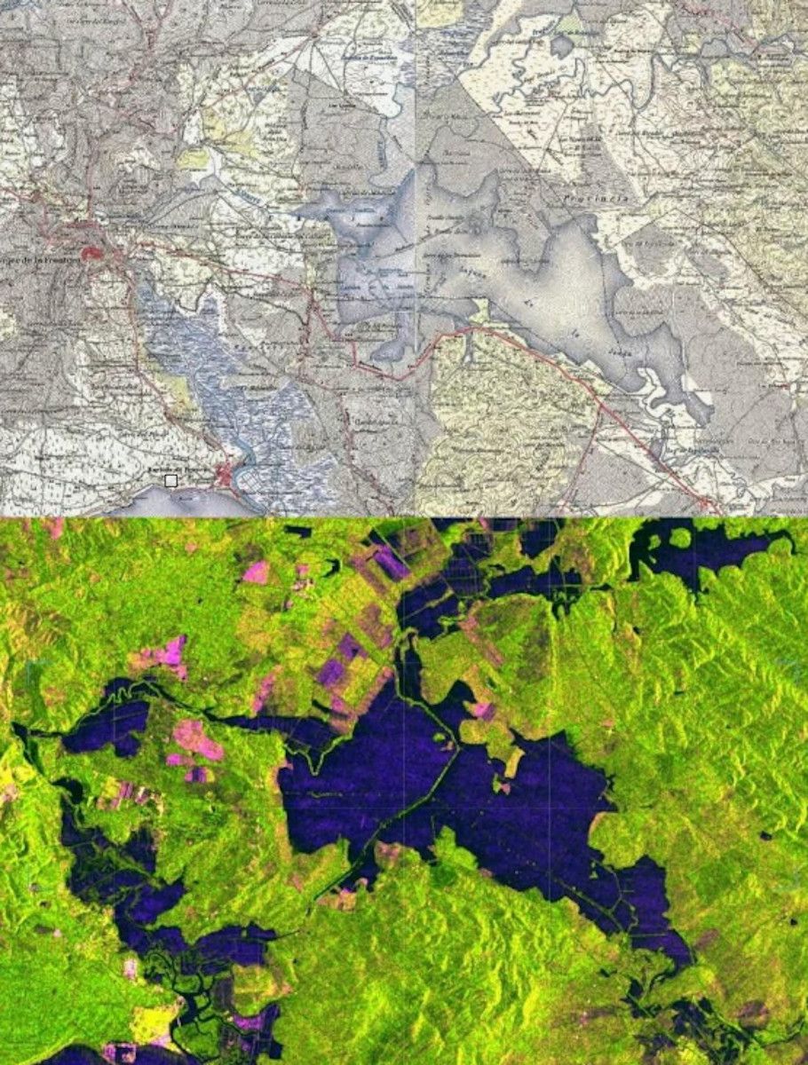 Comparativa del mapa topográfico de la Janda de 1955 con la foto de satélite 9 de febrero de 2026