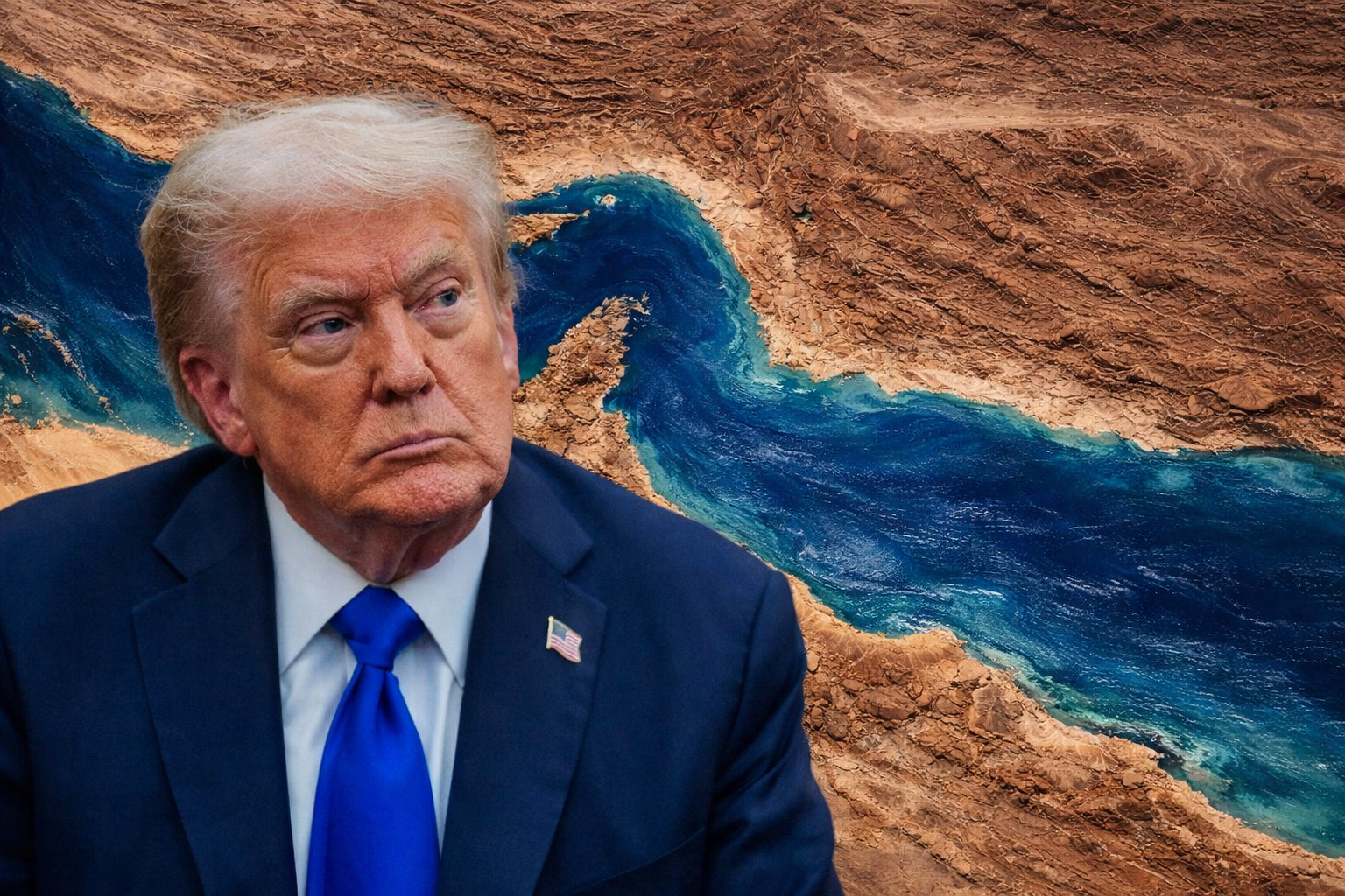 Donald Trump con el estrecho de Ormuz de fondo, en plena escalada bélica en Oriente Medio.