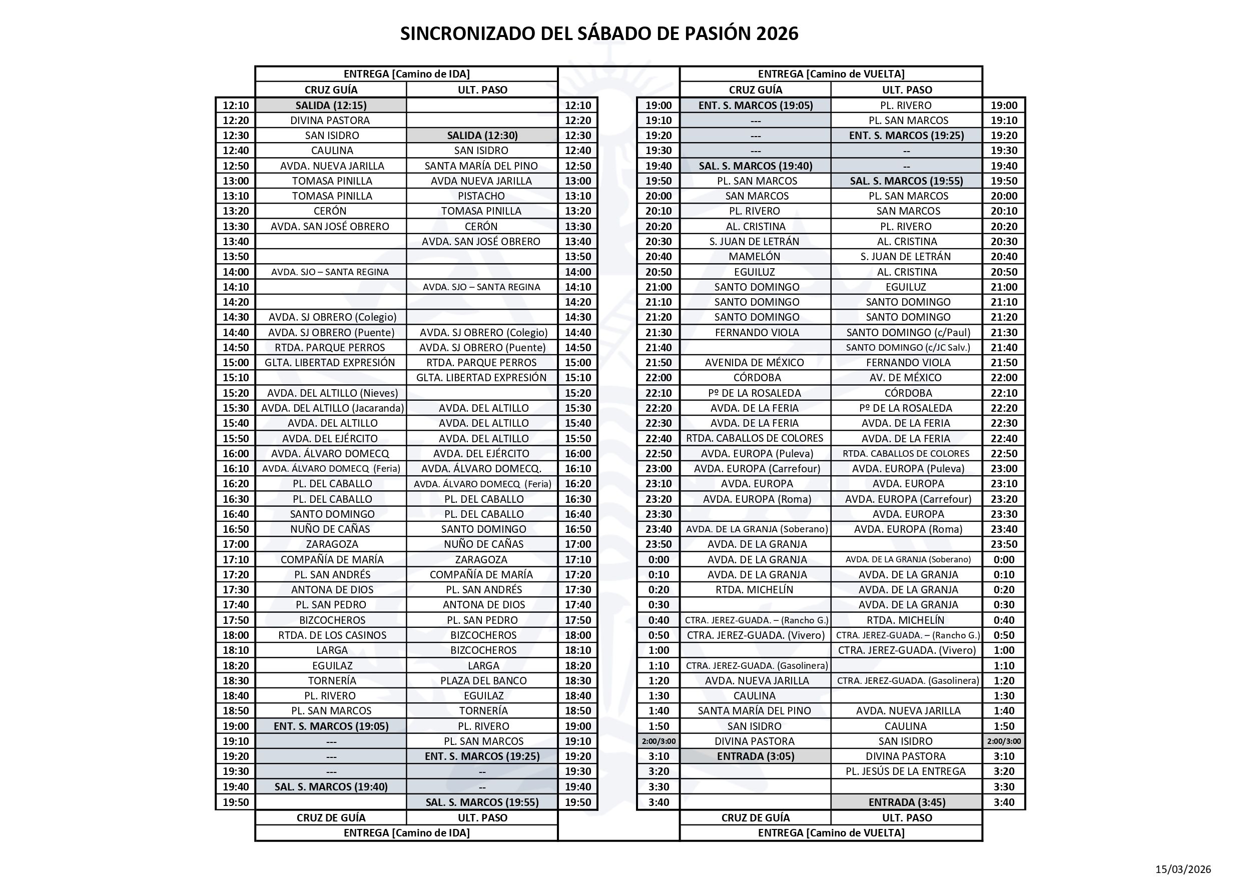 Horarios sincronizados Sábado de Pasión 28 de marzo de 2026