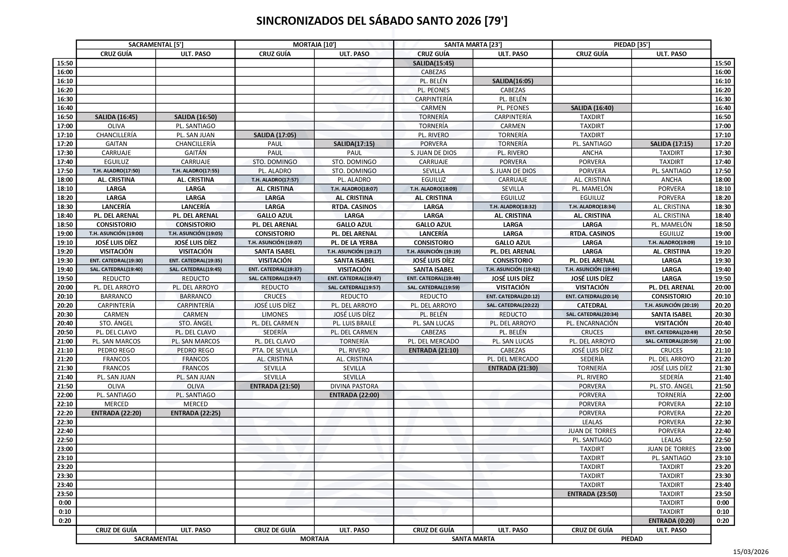 Horarios Sincronizados  Sábado Santo 4 de abril.