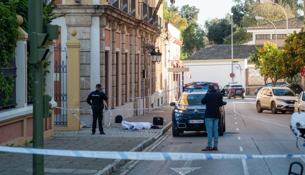 Los agentes custodian el entorno donde se produjo el apuñalamiento mortal en Jerez.