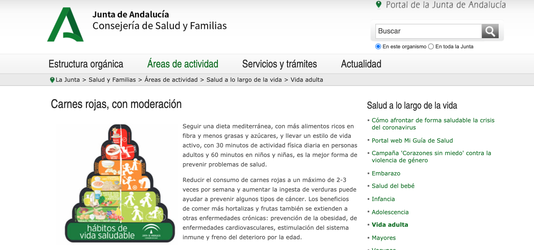 Artículo con recomendaciones para consumir carnes rojas "con moderación" en la web de la Junta de Andalucía.