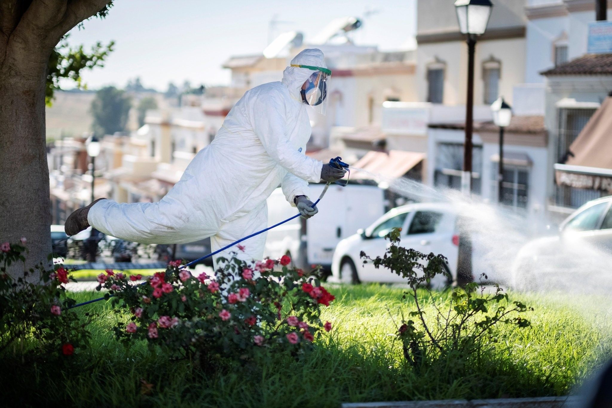 Un operario fumiga contra el Virus del Nilo, que afecta a varios pueblos del Bajo Guadalquivir, en una fotografía de RTVE.
