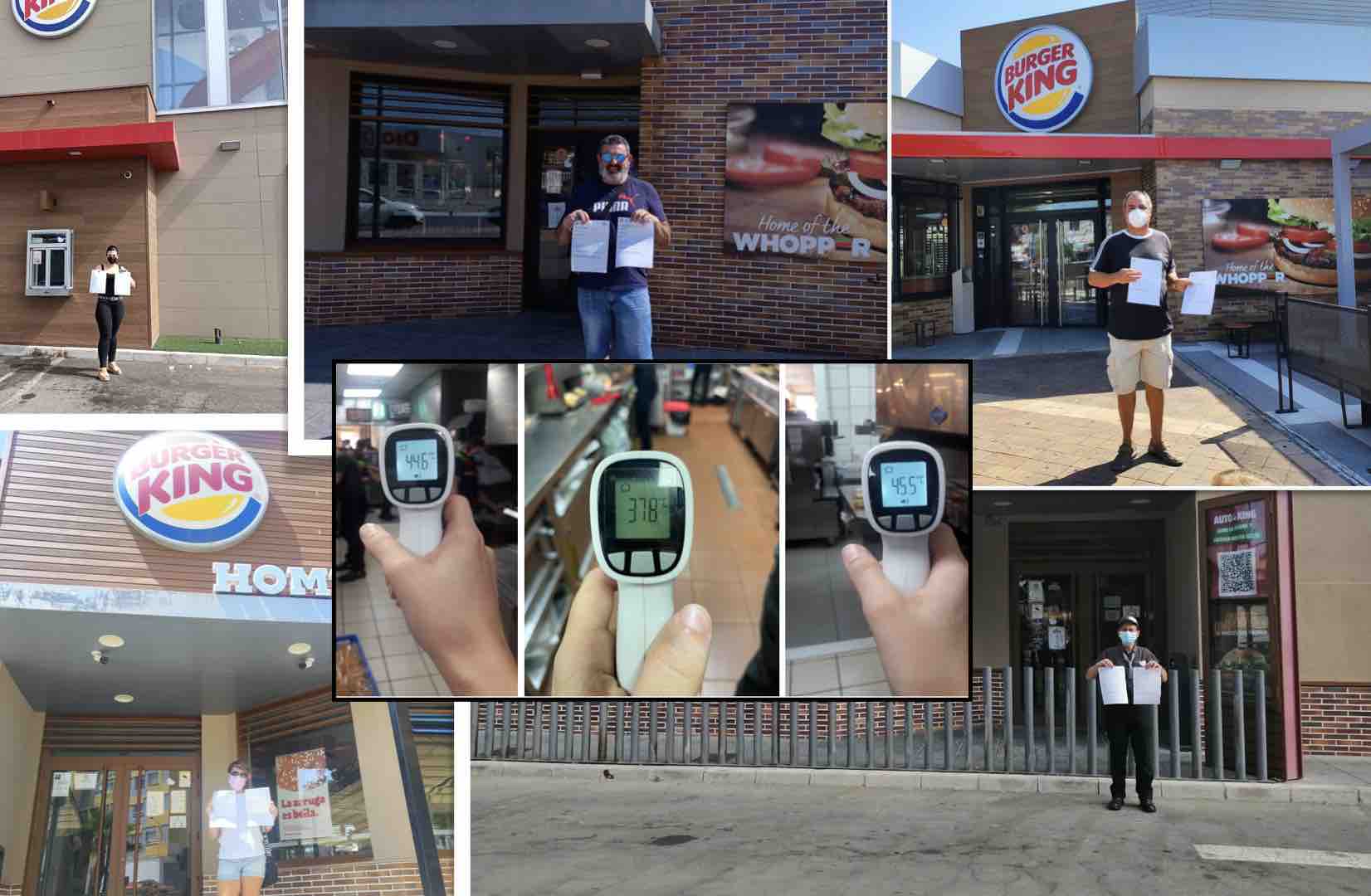 Trabajadores y trabajadoras de diferentes locales de Burger King en Cádiz con denuncias ante Inspección. En el centro, termómetros en un restaurante de Jerez durante la pasada ola de calor. CEDIDAS Trabajadores y trabajadoras de diferentes locales de Burger King en Cádiz con denuncias ante Inspección. En el centro, termómetros en un restaurante de Jerez durante la pasada ola de calor. CEDIDAS