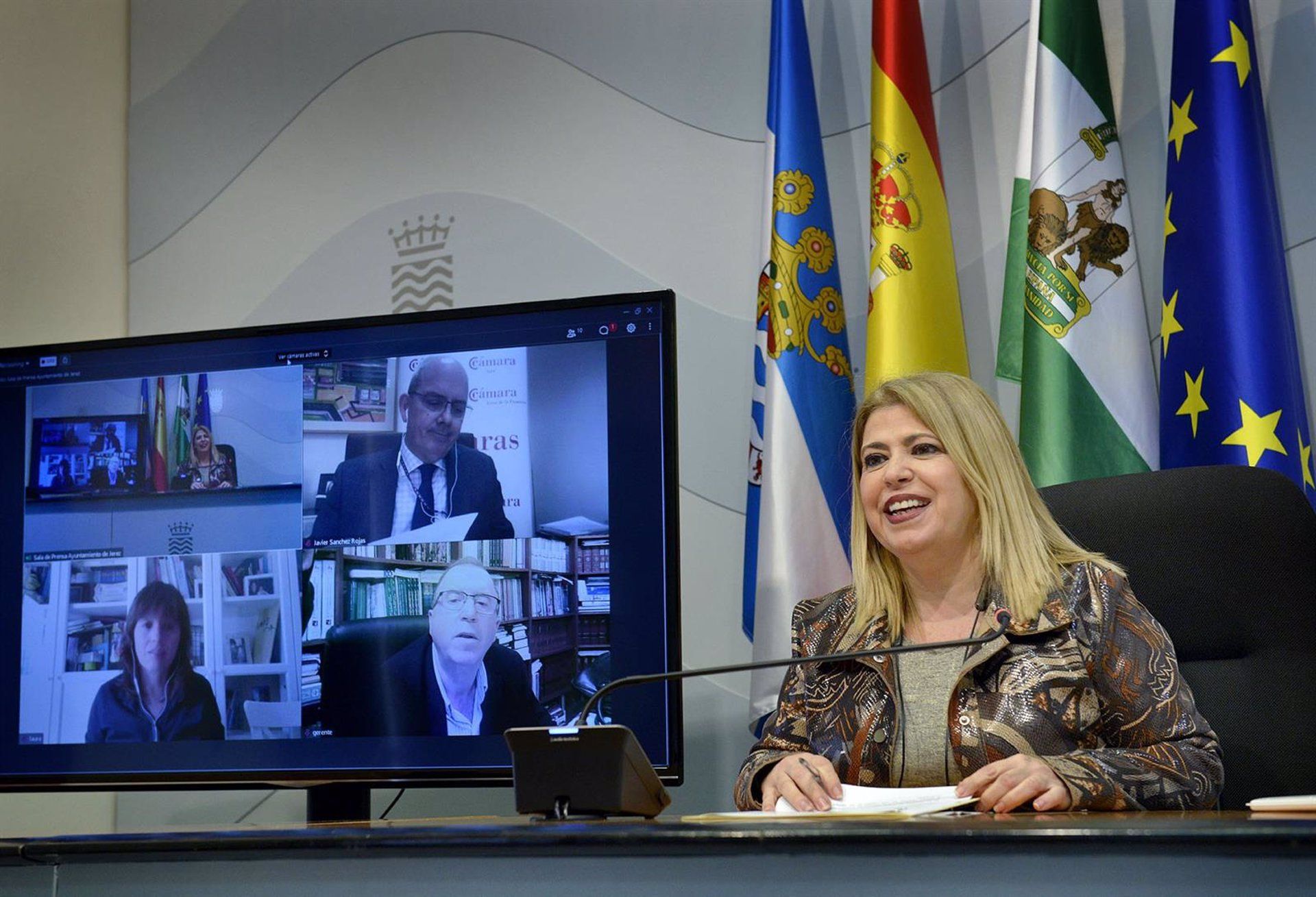 Mamen Sánchez, en una reunión telemática sobre el Museo del Flamenco de Andalucía.  