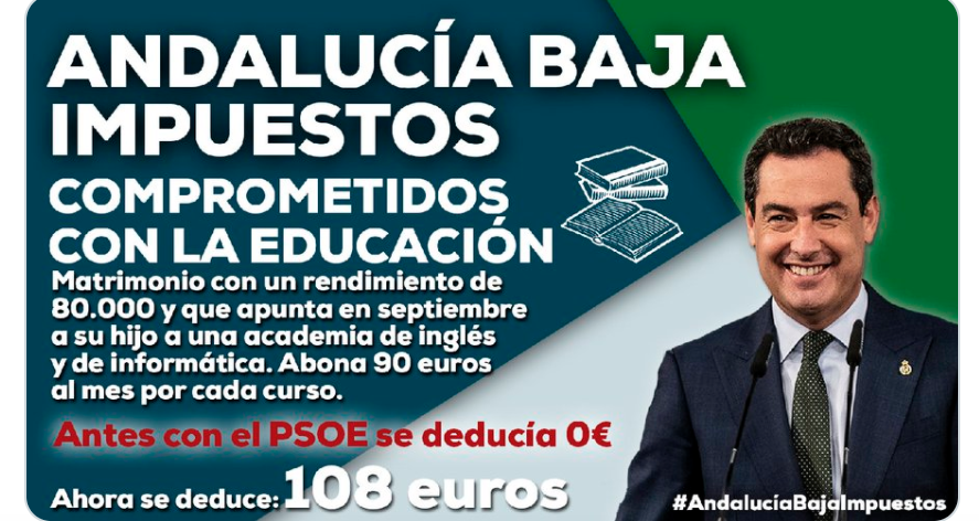 Imagen compartida por el PP de Andalucía en redes sociales anunciando una bajada de impuestos para familias que ingresan 80.000 euros al año. Imagen compartida por el PP de Andalucía en redes sociales anunciando una bajada de impuestos para familias que ingresan 80.000 euros al año.