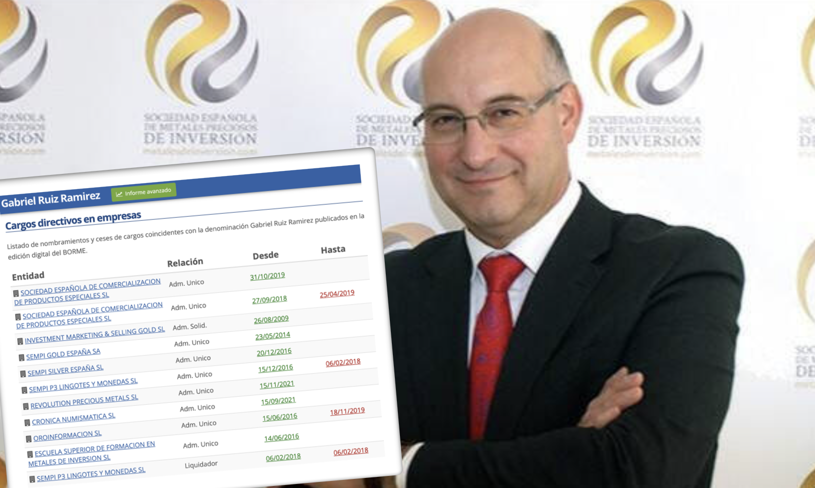 Gabriel Ruiz Ramírez, presidente de Sempi Gold, ex de Afinsa, en una imagen de 'El Cierre Digital'. Adjunta, la relación de sociedades en las que aparece como administrador.