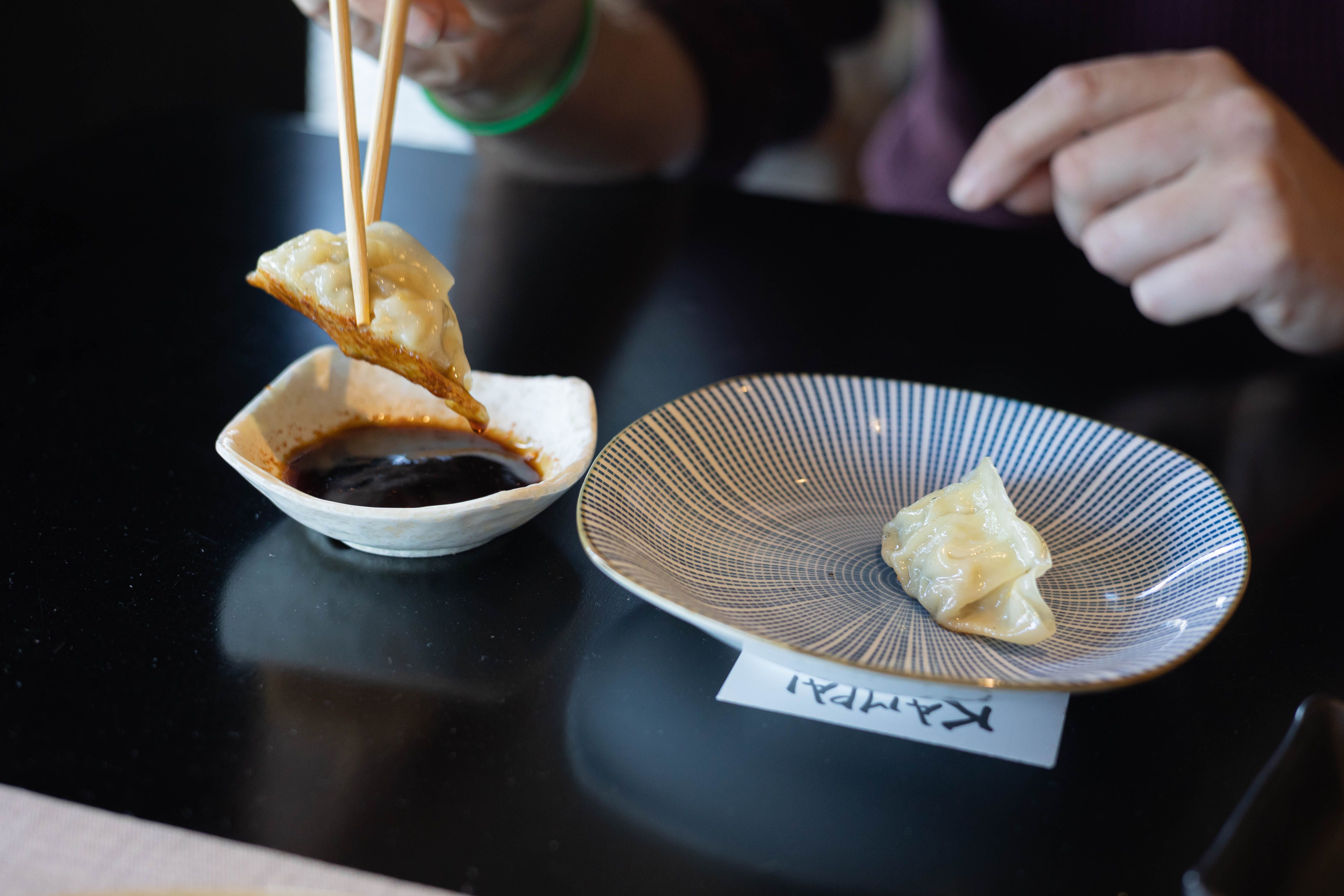 Plato de 'gyozas' de pollo y verduras.