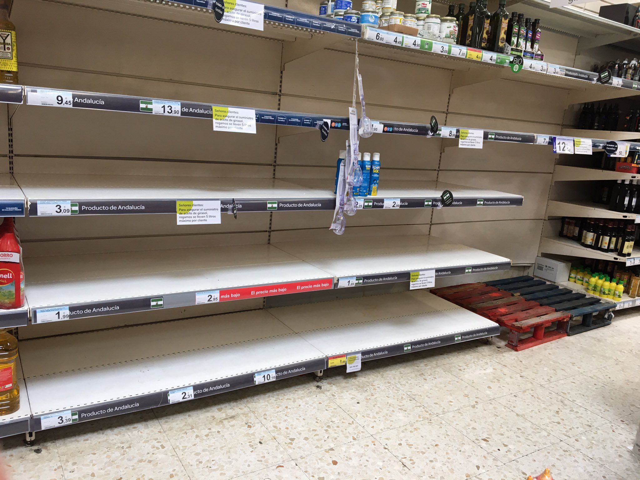 Los estantes del aceite de un Carrefour. 